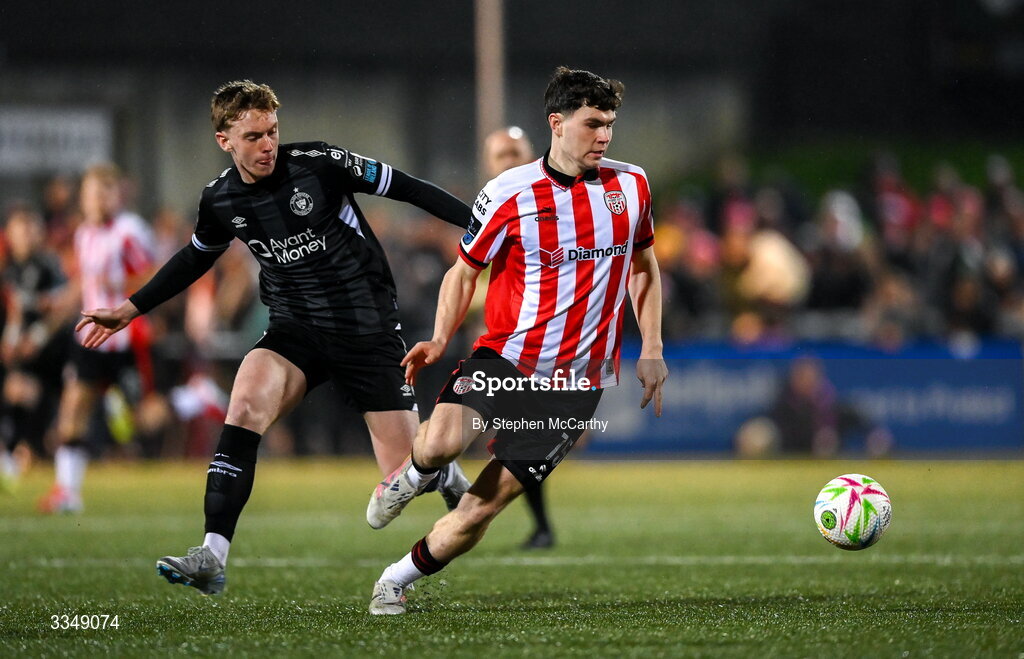 6 February 2026; James Clarke of Derry City in action against Daire Patton of Sligo Rovers during the SSE Airtricity Men's Premier Division match between Derry City and Sligo Rovers at The Ryan McBride Brandywell Stadium in Derry. Photo by Stephen McCarthy/Sportsfile