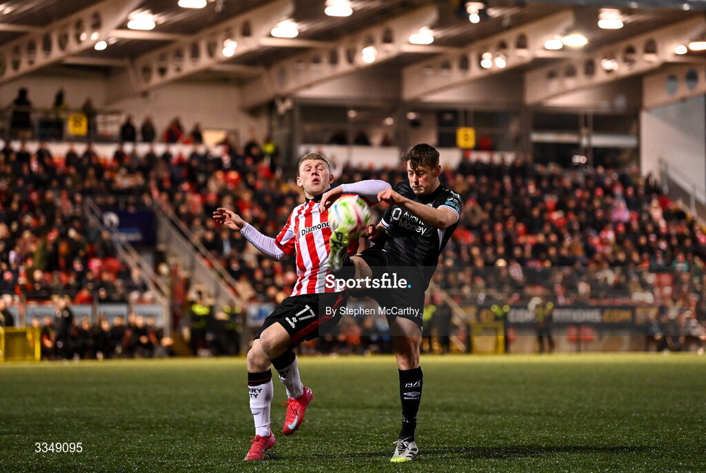 6 February 2026; Ollie Denham of Sligo Rovers in action against  Josh Thomas of Derry City during the SSE Airtricity Men's Premier Division match between Derry City and Sligo Rovers at The Ryan McBride Brandywell Stadium in Derry. Photo by Stephen McCarthy/Sportsfile