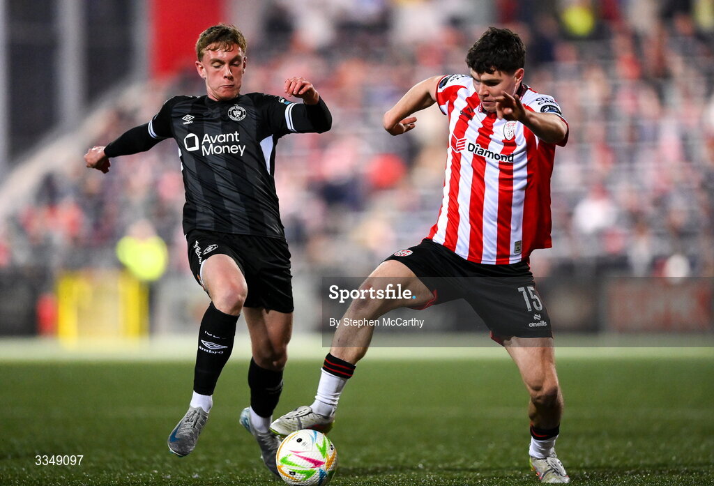 6 February 2026; James Clarke of Derry City in action against Daire Patton of Sligo Rovers during the SSE Airtricity Men's Premier Division match between Derry City and Sligo Rovers at The Ryan McBride Brandywell Stadium in Derry. Photo by Stephen McCarthy/Sportsfile