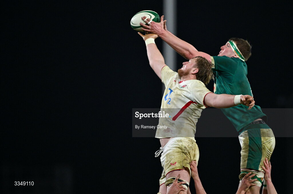6 February 2026; Ben Bamber of England A and Charlie Irvine of Ireland XV contest a lineout during the representative fixture rugby union match between Ireland XV and England A at Thomond Park in Limerick. Photo by Ramsey Cardy/Sportsfile