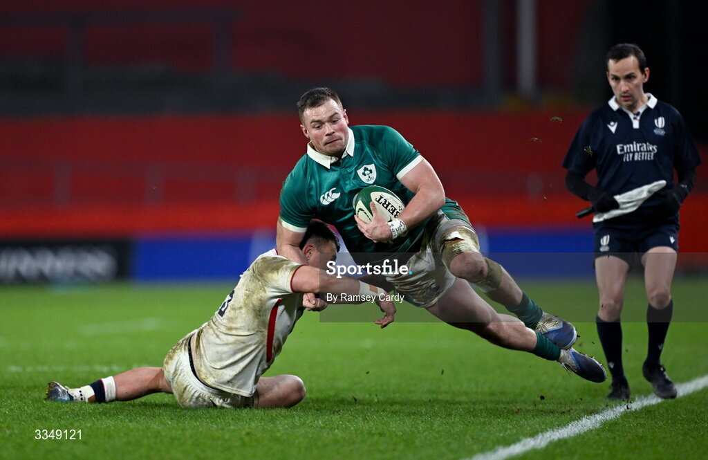 6 February 2026; Zac Ward of Ireland XV is tackled by Cadan Murley of England A during the representative fixture rugby union match between Ireland XV and England A at Thomond Park in Limerick. Photo by Ramsey Cardy/Sportsfile