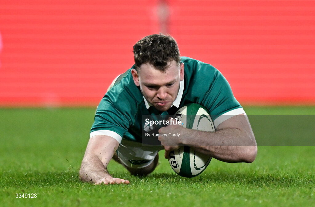 6 February 2026; Cathal Forde of Ireland XV scores his side's third try, which was subsequently disallowed for a knock on, during the representative fixture rugby union match between Ireland XV and England A at Thomond Park in Limerick. Photo by Ramsey Cardy/Sportsfile