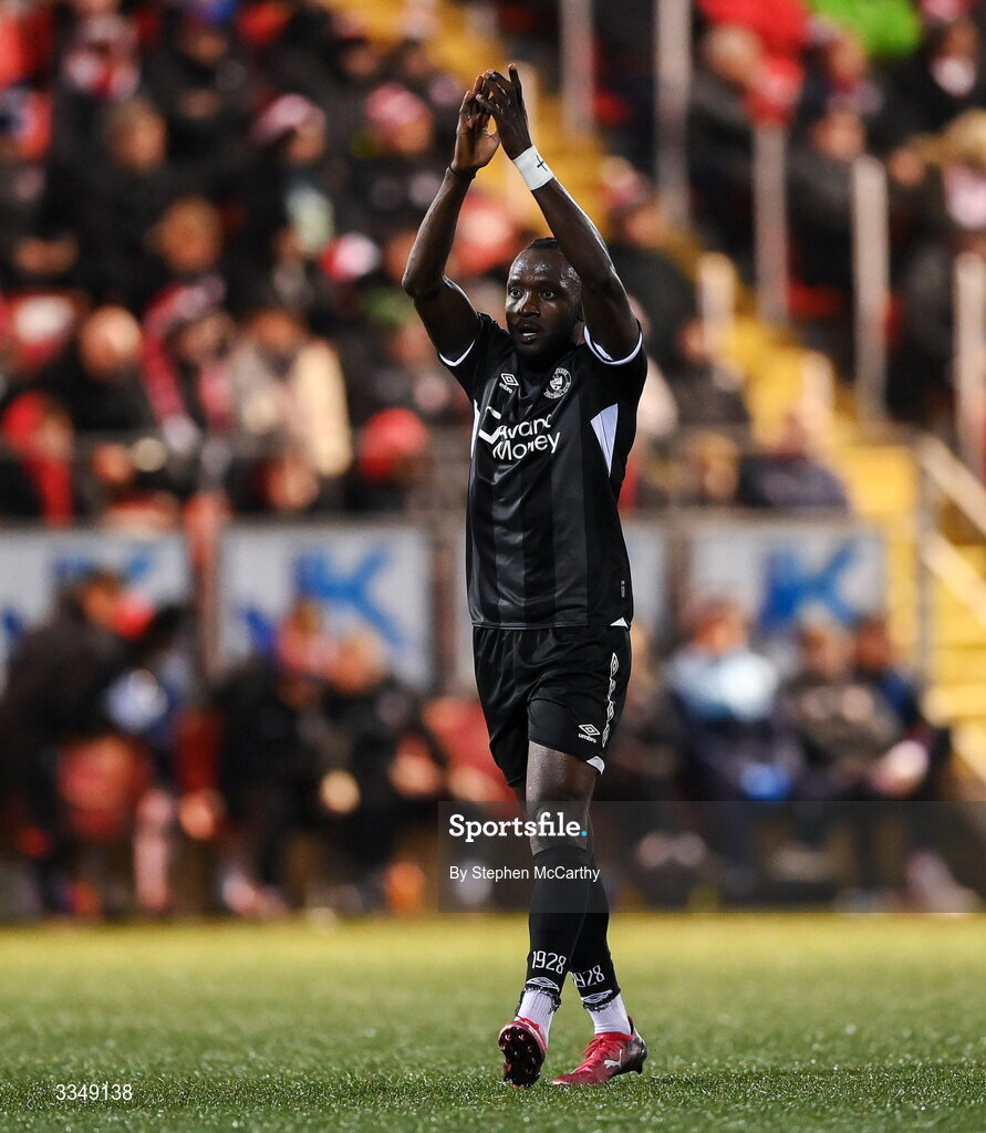 6 February 2026; Jeannot Esua of Sligo Rovers celebrates his side's first goal, scored by teammate Jad Hakiki, not pictured, during the SSE Airtricity Men's Premier Division match between Derry City and Sligo Rovers at The Ryan McBride Brandywell Stadium in Derry. Photo by Stephen McCarthy/Sportsfile