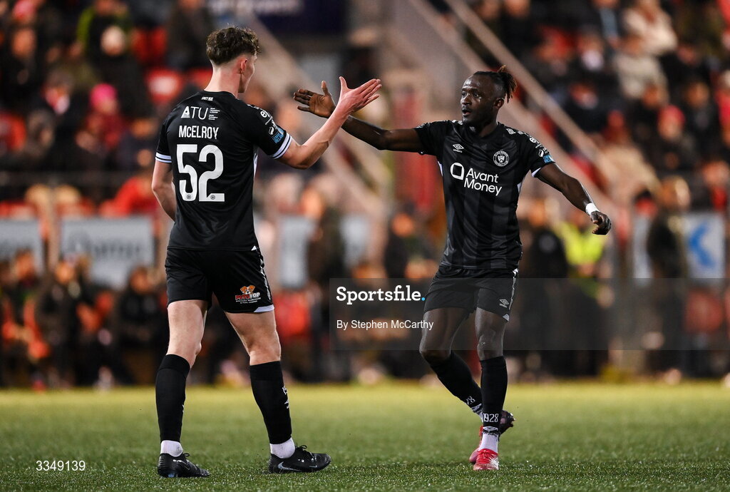 6 February 2026; Jeannot Esua, right, and Gareth McElroy of Sligo Rovers celebrates his side's first goal, scored by teammate Jad Hakiki, not pictured, during the SSE Airtricity Men's Premier Division match between Derry City and Sligo Rovers at The Ryan McBride Brandywell Stadium in Derry. Photo by Stephen McCarthy/Sportsfile