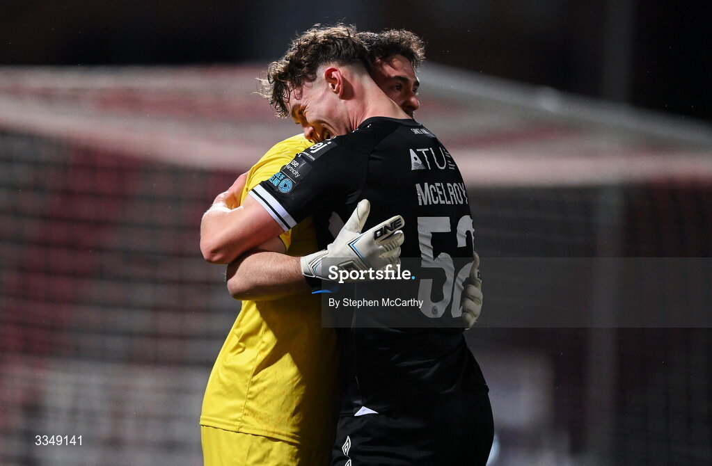 6 February 2026; Gareth McElroy, right, and Sligo Rovers goalkeeper Sam Sargeant celebrate their side's first goal, scored by teammate Jad Hakiki, not pictured, during the SSE Airtricity Men's Premier Division match between Derry City and Sligo Rovers at The Ryan McBride Brandywell Stadium in Derry. Photo by Stephen McCarthy/Sportsfile