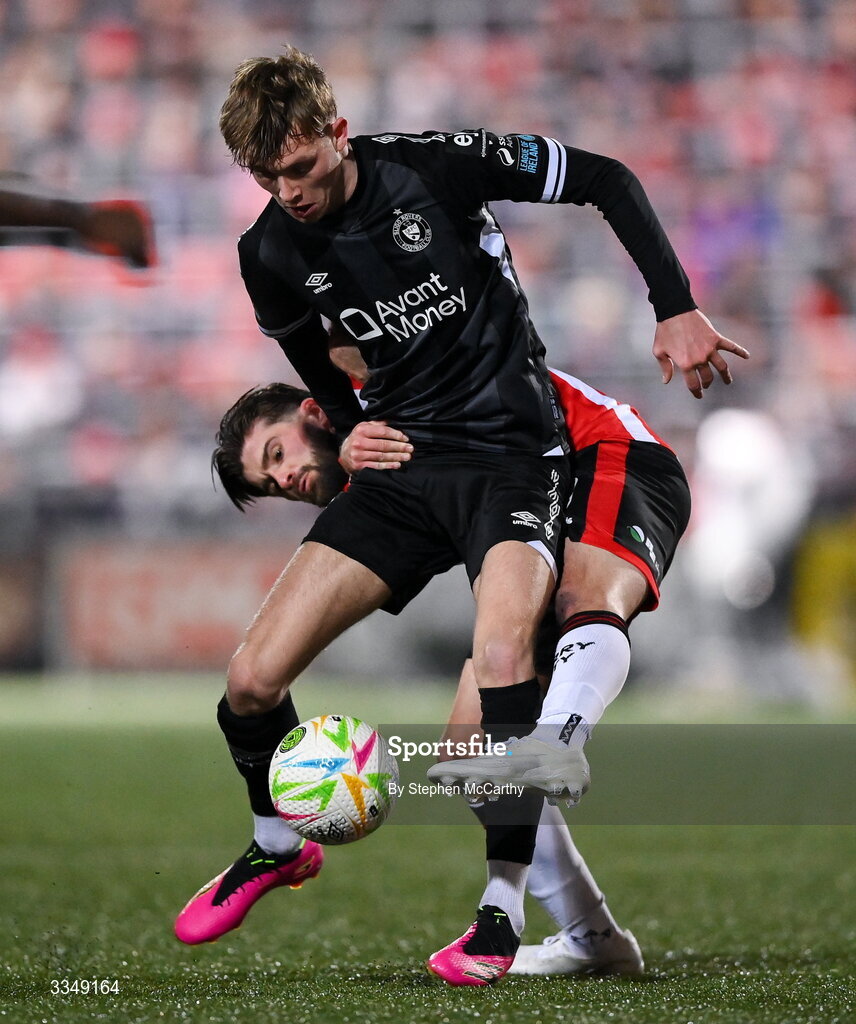 6 February 2026; Alex Nolan of Sligo Rovers in action against Brandon Fleming of Derry City during the SSE Airtricity Men's Premier Division match between Derry City and Sligo Rovers at The Ryan McBride Brandywell Stadium in Derry. Photo by Stephen McCarthy/Sportsfile