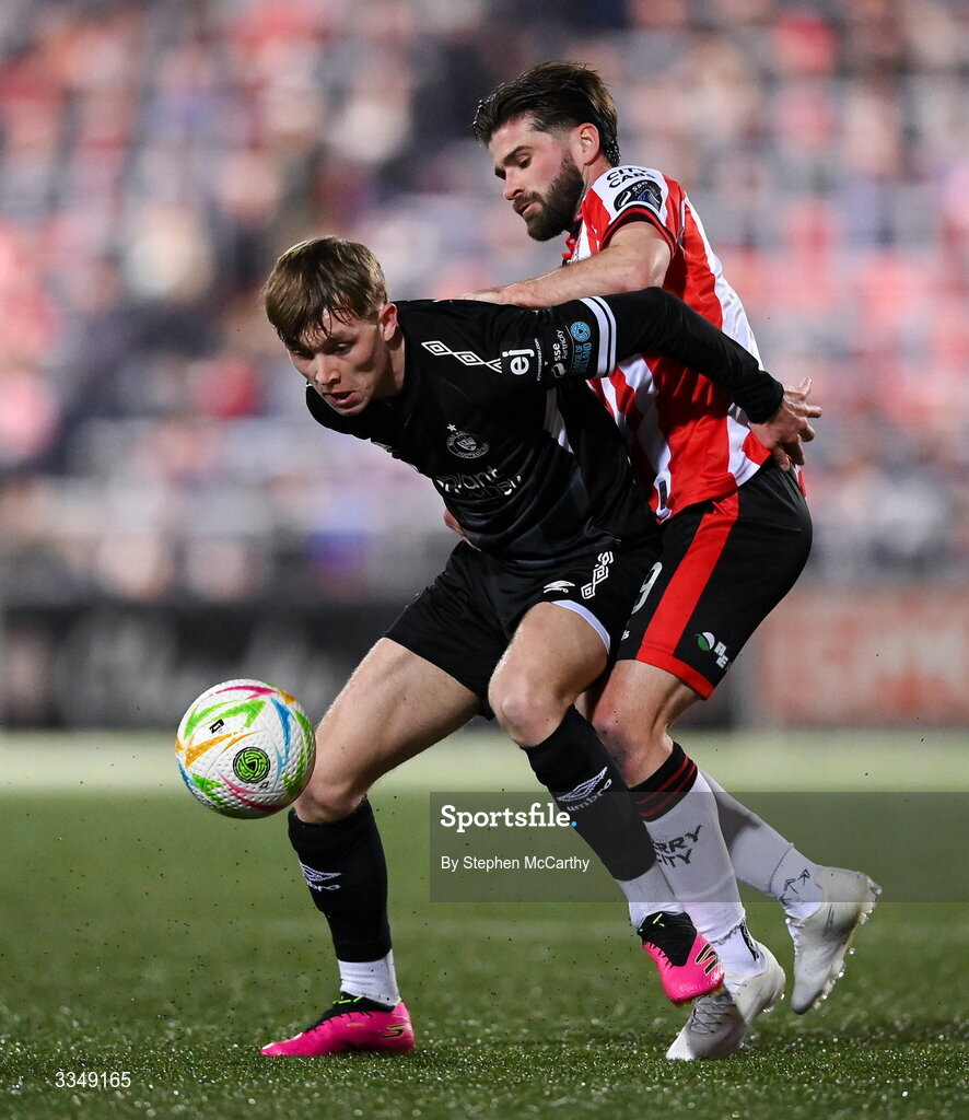 6 February 2026; Alex Nolan of Sligo Rovers in action against Brandon Fleming of Derry City during the SSE Airtricity Men's Premier Division match between Derry City and Sligo Rovers at The Ryan McBride Brandywell Stadium in Derry. Photo by Stephen McCarthy/Sportsfile
