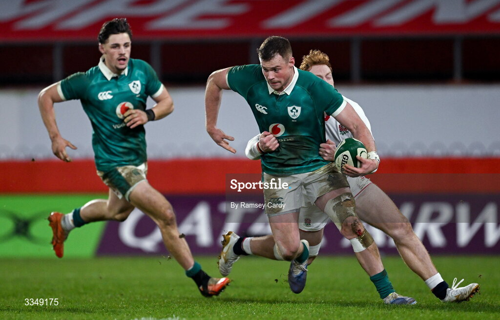 6 February 2026; Zac Ward of Ireland XV is tackled by George Hendy of England A during the representative fixture rugby union match between Ireland XV and England A at Thomond Park in Limerick. Photo by Ramsey Cardy/Sportsfile