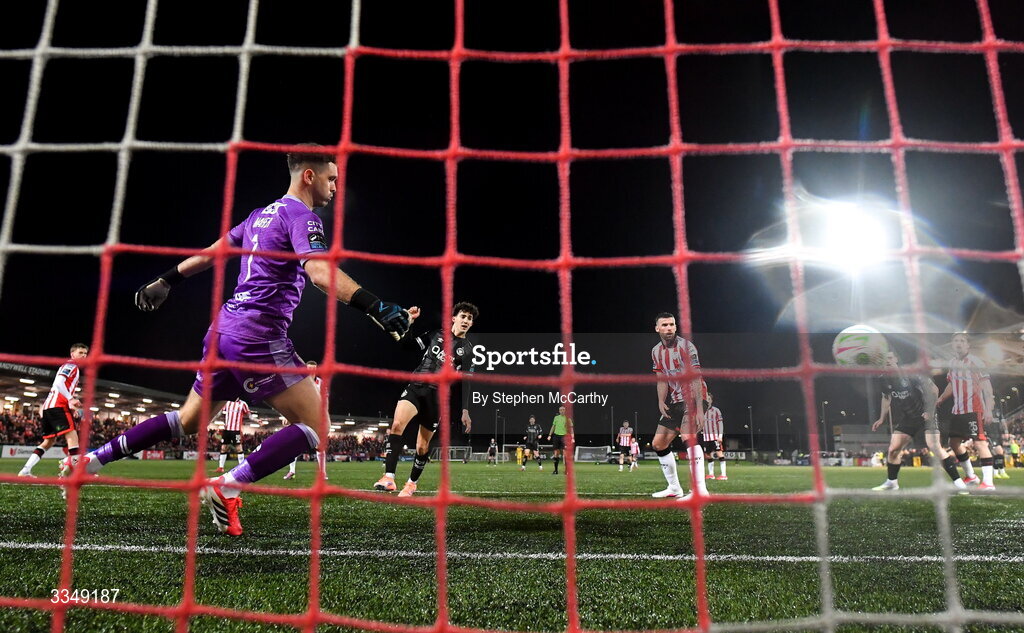6 February 2026; Jad Hakiki of Sligo Rovers scores his side's first goal past Derry City goalkeeper Brian Maher during the SSE Airtricity Men's Premier Division match between Derry City and Sligo Rovers at The Ryan McBride Brandywell Stadium in Derry. Photo by Stephen McCarthy/Sportsfile