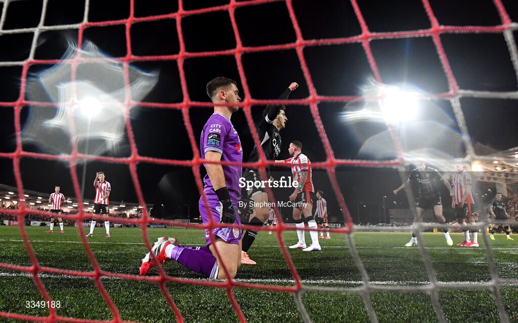 6 February 2026; Jad Hakiki of Sligo Rovers celebrates after scoring his side's first goal past Derry City goalkeeper Brian Maher during the SSE Airtricity Men's Premier Division match between Derry City and Sligo Rovers at The Ryan McBride Brandywell Stadium in Derry. Photo by Stephen McCarthy/Sportsfile