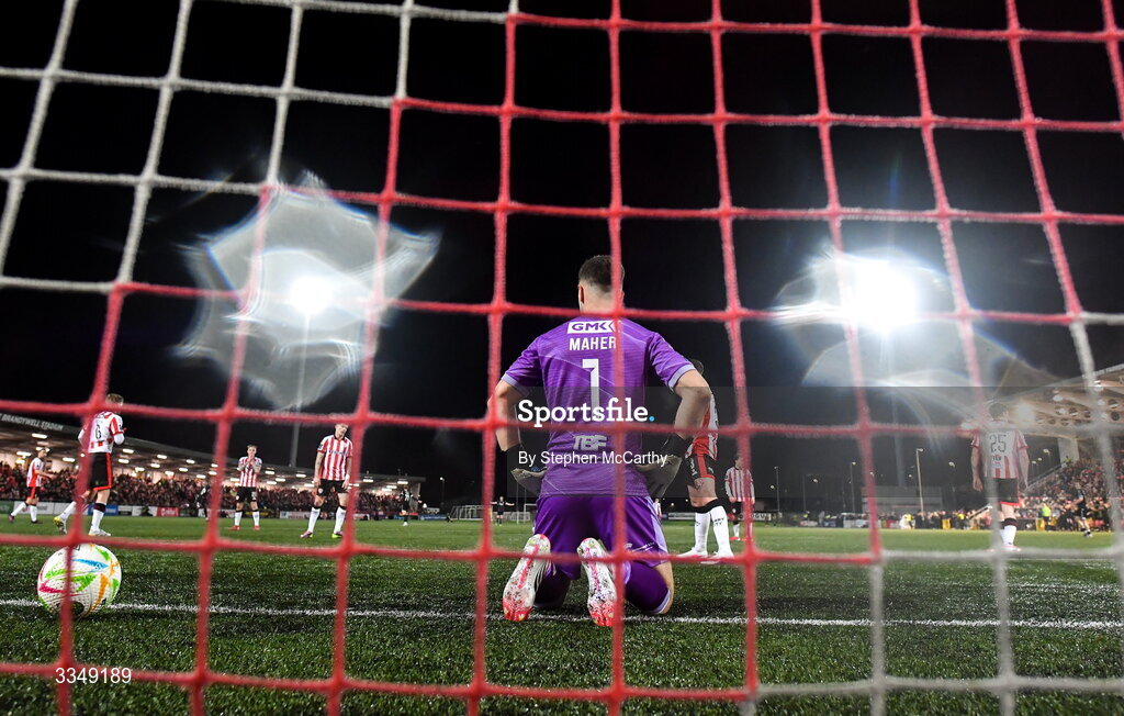 6 February 2026; Derry City goalkeeper Brian Maher after his side conceded a first goal during the SSE Airtricity Men's Premier Division match between Derry City and Sligo Rovers at The Ryan McBride Brandywell Stadium in Derry. Photo by Stephen McCarthy/Sportsfile