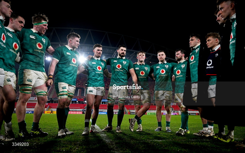 6 February 2026; Ireland captain Max Deegan speaks to his players after the representative fixture rugby union match between Ireland XV and England A at Thomond Park in Limerick. Photo by Ramsey Cardy/Sportsfile