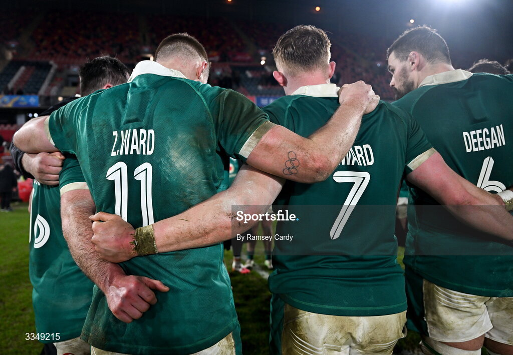 6 February 2026; Brothers Zac Ward, left, and Bryn Ward of Ireland XV huddle with their teammates after the representative fixture rugby union match between Ireland XV and England A at Thomond Park in Limerick. Photo by Ramsey Cardy/Sportsfile