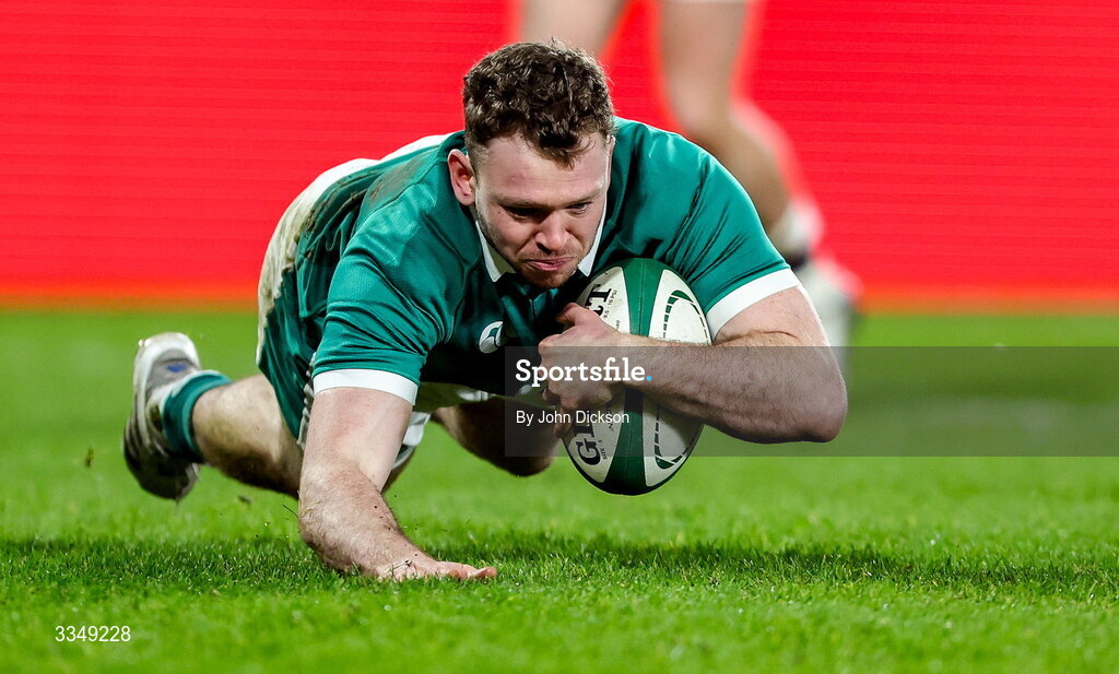 6 February 2026; Cathal Forde of Ireland XV scores his side's third try, which was subsequently disallowed for a knock on, during the representative fixture rugby union match between Ireland XV and England A at Thomond Park in Limerick. Photo by John Dickson/Sportsfile