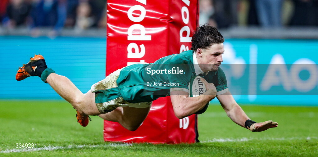 6 February 2026; Joshua Kenny of Ireland XV scores his side's second try during the representative fixture rugby union match between Ireland XV and England A at Thomond Park in Limerick. Photo by John Dickson/Sportsfile