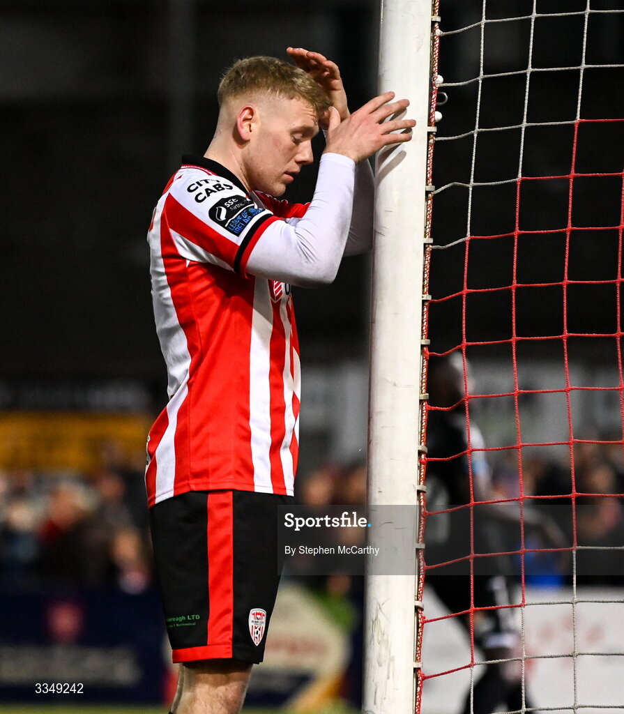 6 February 2026; Josh Thomas of Derry City reacts after a missed opportunity on goal during the SSE Airtricity Men's Premier Division match between Derry City and Sligo Rovers at The Ryan McBride Brandywell Stadium in Derry. Photo by Stephen McCarthy/Sportsfile