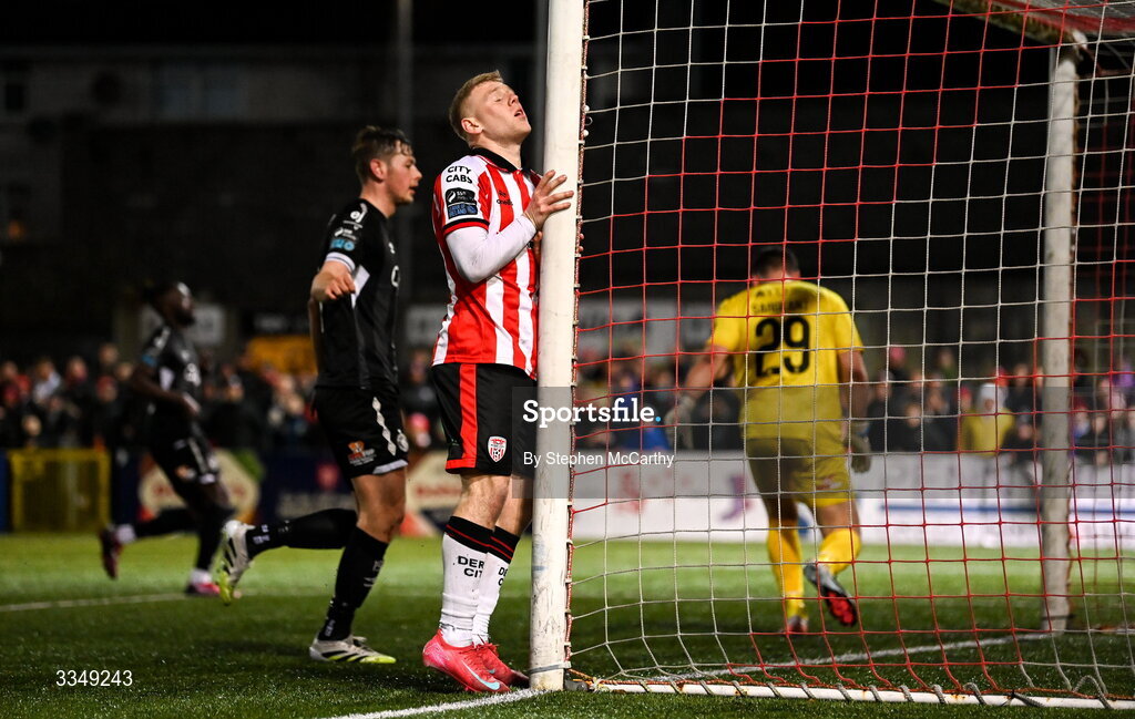 6 February 2026; Josh Thomas of Derry City reacts after a missed opportunity on goal during the SSE Airtricity Men's Premier Division match between Derry City and Sligo Rovers at The Ryan McBride Brandywell Stadium in Derry. Photo by Stephen McCarthy/Sportsfile