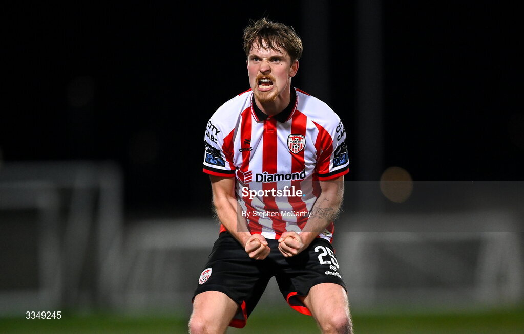 6 February 2026; Alex Bannon of Derry City celebrates after scoring his side's first goal during the SSE Airtricity Men's Premier Division match between Derry City and Sligo Rovers at The Ryan McBride Brandywell Stadium in Derry. Photo by Stephen McCarthy/Sportsfile