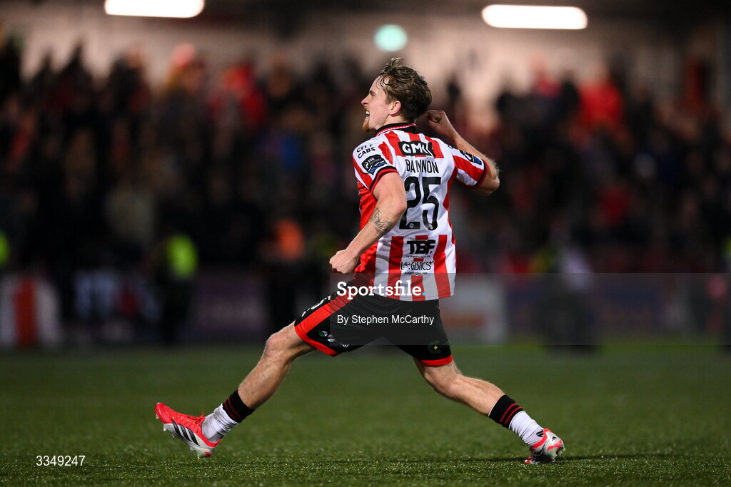 6 February 2026; Alex Bannon of Derry City celebrates after scoring his side's first goal during the SSE Airtricity Men's Premier Division match between Derry City and Sligo Rovers at The Ryan McBride Brandywell Stadium in Derry. Photo by Stephen McCarthy/Sportsfile