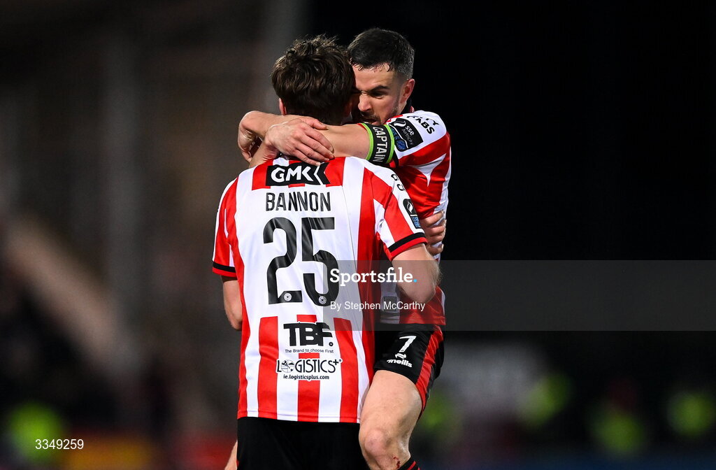 6 February 2026; Alex Bannon of Derry City celebrate with teammate Michael Duffy, right, after scoring their side's first goal during the SSE Airtricity Men's Premier Division match between Derry City and Sligo Rovers at The Ryan McBride Brandywell Stadium in Derry. Photo by Stephen McCarthy/Sportsfile