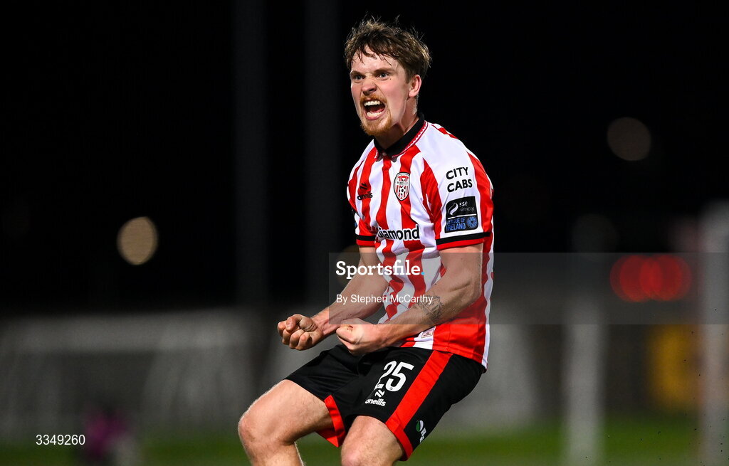 6 February 2026; Alex Bannon of Derry City celebrates after scoring his side's first goal during the SSE Airtricity Men's Premier Division match between Derry City and Sligo Rovers at The Ryan McBride Brandywell Stadium in Derry. Photo by Stephen McCarthy/Sportsfile