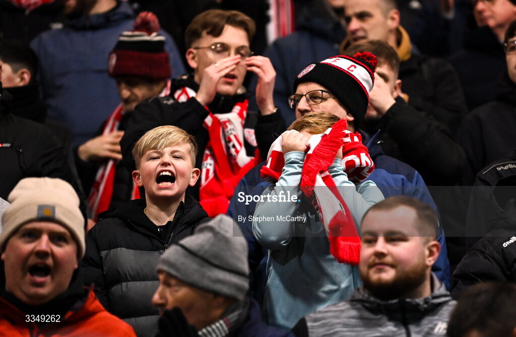 6 February 2026; Derry City supporters celebrate after their first goal, scored by Alex Bannon, not pictured, during the SSE Airtricity Men's Premier Division match between Derry City and Sligo Rovers at The Ryan McBride Brandywell Stadium in Derry. Photo by Stephen McCarthy/Sportsfile
