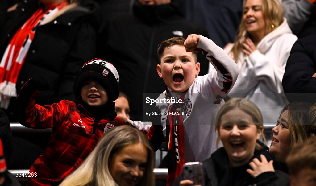 6 February 2026; Derry City supporters celebrate after their first goal, scored by Alex Bannon, not pictured, during the SSE Airtricity Men's Premier Division match between Derry City and Sligo Rovers at The Ryan McBride Brandywell Stadium in Derry. Photo by Stephen McCarthy/Sportsfile