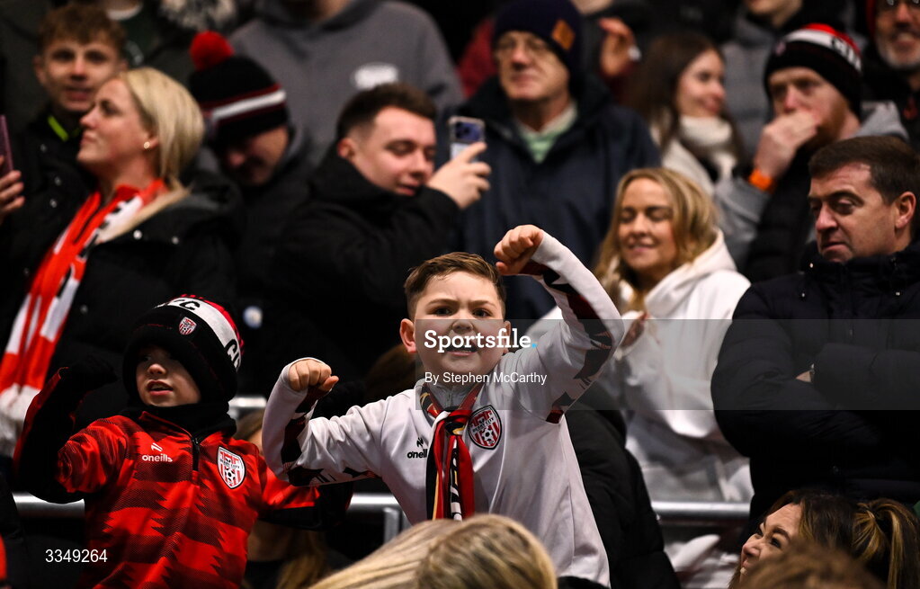 6 February 2026; Derry City supporters celebrate after their first goal, scored by Alex Bannon, not pictured, during the SSE Airtricity Men's Premier Division match between Derry City and Sligo Rovers at The Ryan McBride Brandywell Stadium in Derry. Photo by Stephen McCarthy/Sportsfile