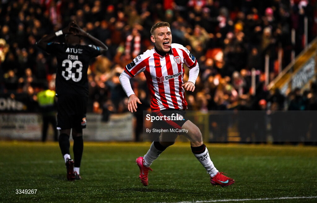 6 February 2026; Josh Thomas of Derry City celebrates after scoring his side's second goal during the SSE Airtricity Men's Premier Division match between Derry City and Sligo Rovers at The Ryan McBride Brandywell Stadium in Derry. Photo by Stephen McCarthy/Sportsfile