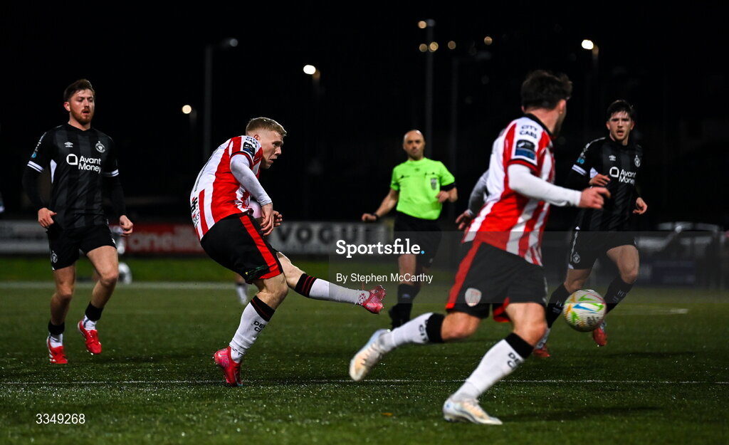 6 February 2026; Josh Thomas of Derry City scores his side's second goal during the SSE Airtricity Men's Premier Division match between Derry City and Sligo Rovers at The Ryan McBride Brandywell Stadium in Derry. Photo by Stephen McCarthy/Sportsfile