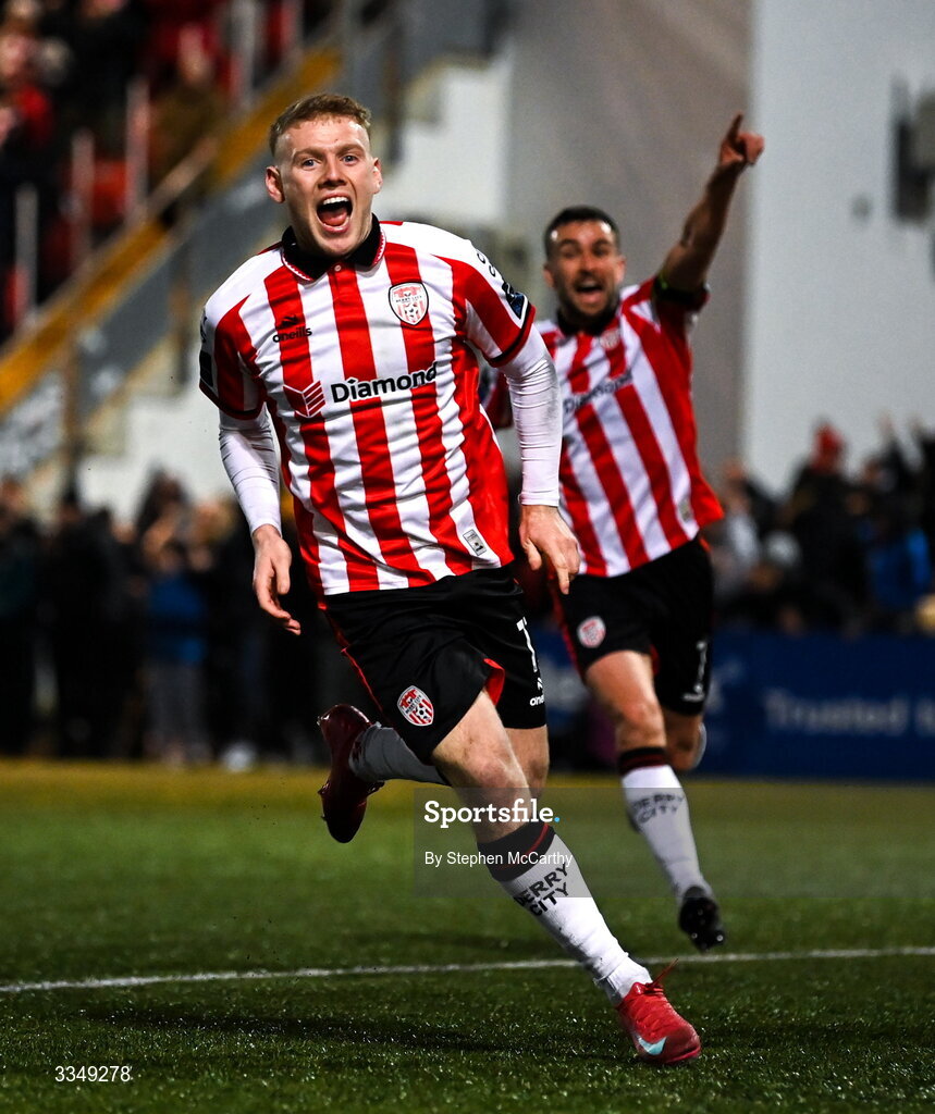 6 February 2026; Josh Thomas of Derry City celebrates after scoring his side's second goal during the SSE Airtricity Men's Premier Division match between Derry City and Sligo Rovers at The Ryan McBride Brandywell Stadium in Derry. Photo by Stephen McCarthy/Sportsfile
