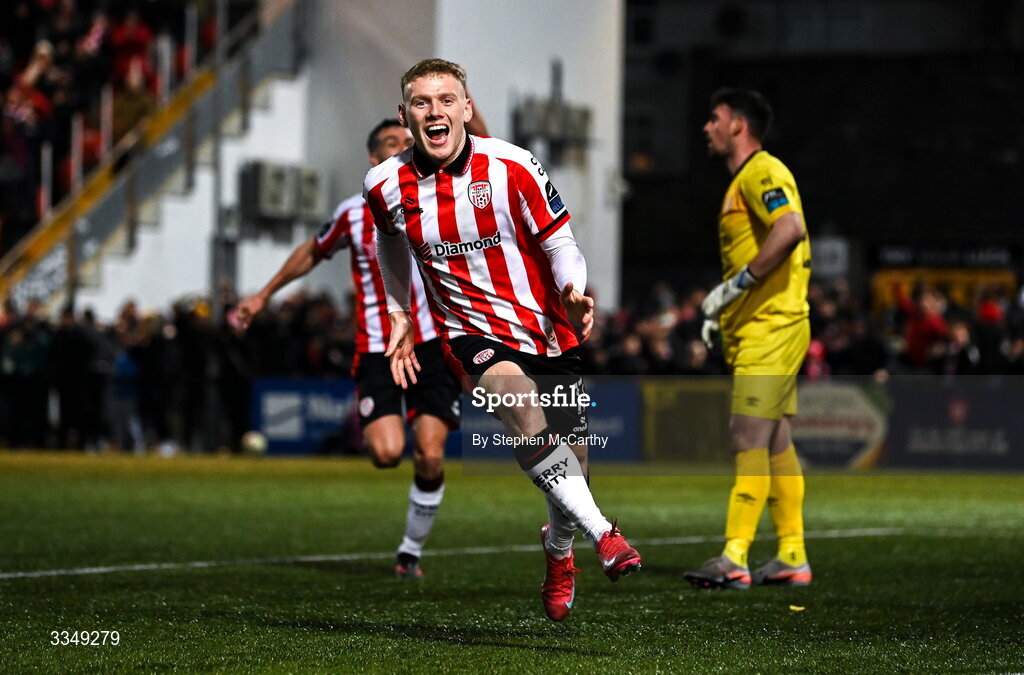 6 February 2026; Josh Thomas of Derry City celebrates after scoring his side's second goal during the SSE Airtricity Men's Premier Division match between Derry City and Sligo Rovers at The Ryan McBride Brandywell Stadium in Derry. Photo by Stephen McCarthy/Sportsfile