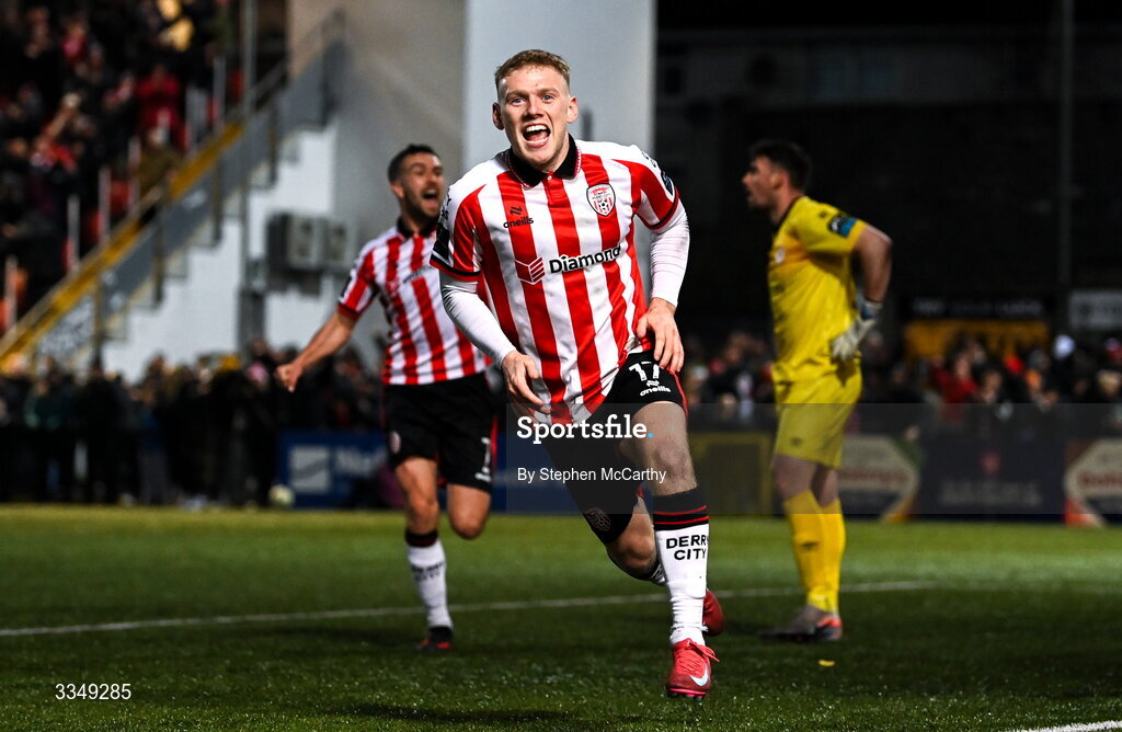 6 February 2026; Josh Thomas of Derry City celebrates after scoring his side's second goal during the SSE Airtricity Men's Premier Division match between Derry City and Sligo Rovers at The Ryan McBride Brandywell Stadium in Derry. Photo by Stephen McCarthy/Sportsfile