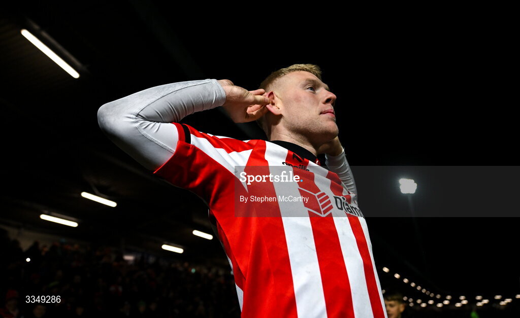 6 February 2026; Josh Thomas of Derry City celebrates after scoring his side's second goal during the SSE Airtricity Men's Premier Division match between Derry City and Sligo Rovers at The Ryan McBride Brandywell Stadium in Derry. Photo by Stephen McCarthy/Sportsfile