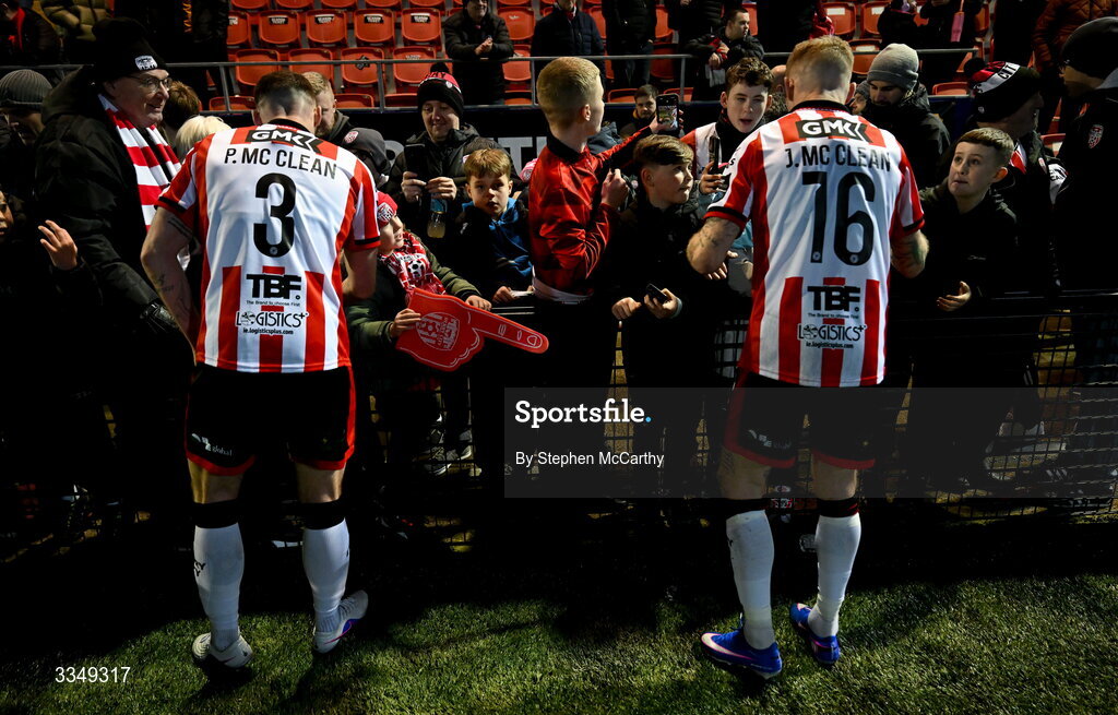 6 February 2026; Patrick McClean, left, and James McClean of Derry City with supporters after the SSE Airtricity Men's Premier Division match between Derry City and Sligo Rovers at The Ryan McBride Brandywell Stadium in Derry. Photo by Stephen McCarthy/Sportsfile