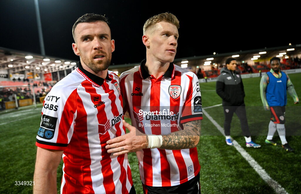 6 February 2026; Patrick McClean, left, and James McClean of Derry City celebrate after the SSE Airtricity Men's Premier Division match between Derry City and Sligo Rovers at The Ryan McBride Brandywell Stadium in Derry. Photo by Stephen McCarthy/Sportsfile