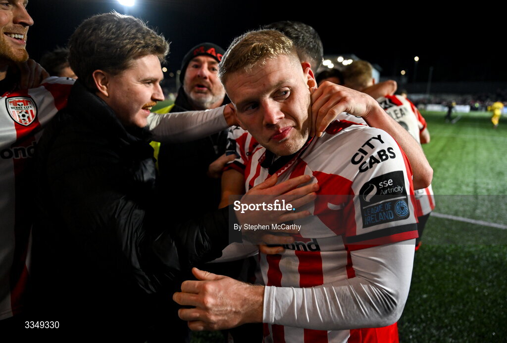 6 February 2026; Josh Thomas of Derry City celebrates with teammates and supporters after the SSE Airtricity Men's Premier Division match between Derry City and Sligo Rovers at The Ryan McBride Brandywell Stadium in Derry. Photo by Stephen McCarthy/Sportsfile