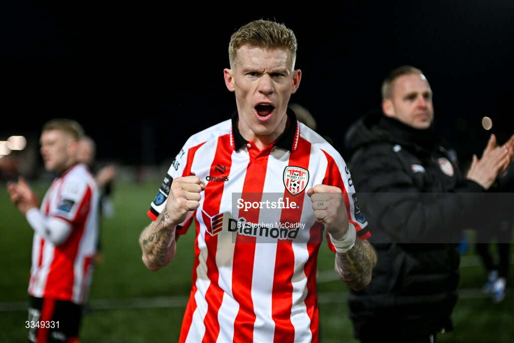 6 February 2026; James McClean of Derry City celebrates after the SSE Airtricity Men's Premier Division match between Derry City and Sligo Rovers at The Ryan McBride Brandywell Stadium in Derry. Photo by Stephen McCarthy/Sportsfile