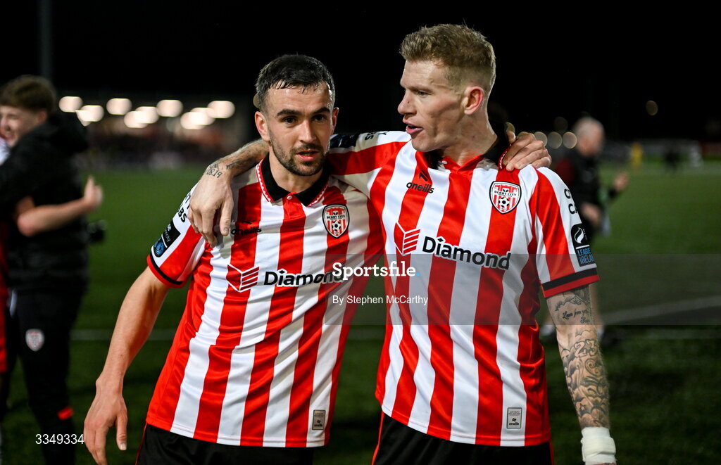 6 February 2026; James McClean, right, and Michael Duffy of Derry City celebrate after the SSE Airtricity Men's Premier Division match between Derry City and Sligo Rovers at The Ryan McBride Brandywell Stadium in Derry. Photo by Stephen McCarthy/Sportsfile