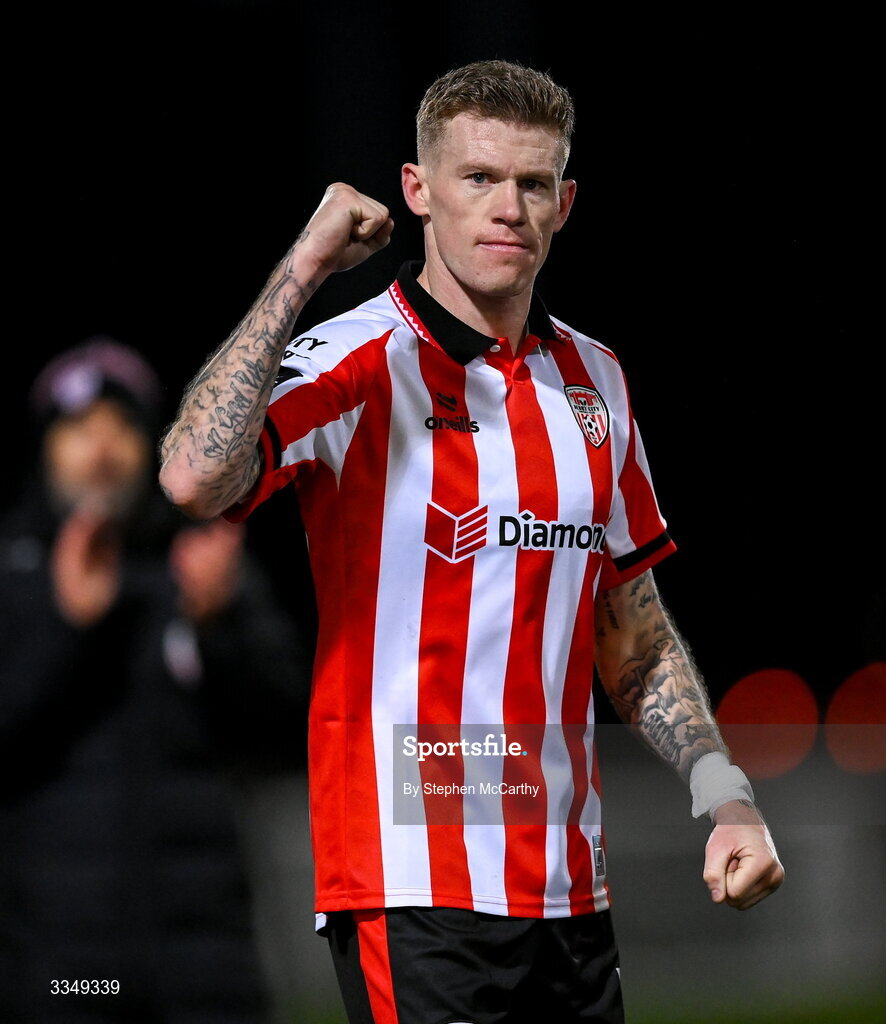 6 February 2026; James McClean of Derry City celebrates after the SSE Airtricity Men's Premier Division match between Derry City and Sligo Rovers at The Ryan McBride Brandywell Stadium in Derry. Photo by Stephen McCarthy/Sportsfile