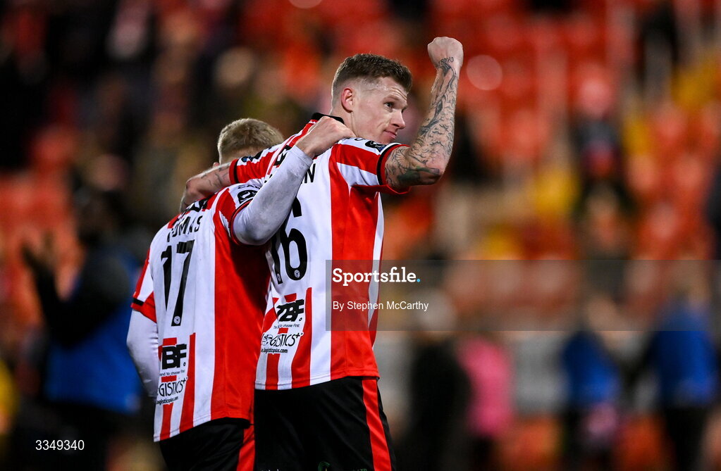 6 February 2026; James McClean, right, and Josh Thomas of Derry City celebrate after the SSE Airtricity Men's Premier Division match between Derry City and Sligo Rovers at The Ryan McBride Brandywell Stadium in Derry. Photo by Stephen McCarthy/Sportsfile