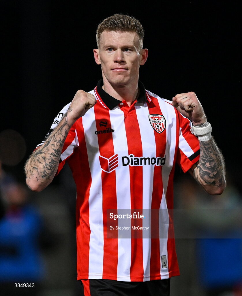 6 February 2026; James McClean of Derry City celebrates after the SSE Airtricity Men's Premier Division match between Derry City and Sligo Rovers at The Ryan McBride Brandywell Stadium in Derry. Photo by Stephen McCarthy/Sportsfile