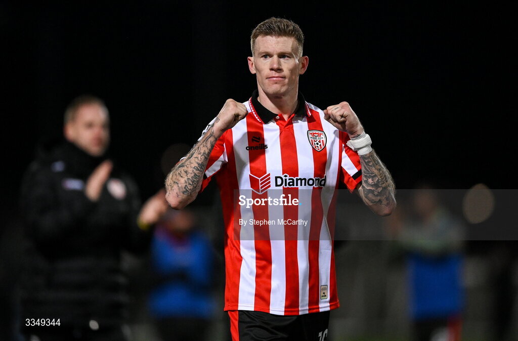 6 February 2026; James McClean of Derry City celebrates after the SSE Airtricity Men's Premier Division match between Derry City and Sligo Rovers at The Ryan McBride Brandywell Stadium in Derry. Photo by Stephen McCarthy/Sportsfile