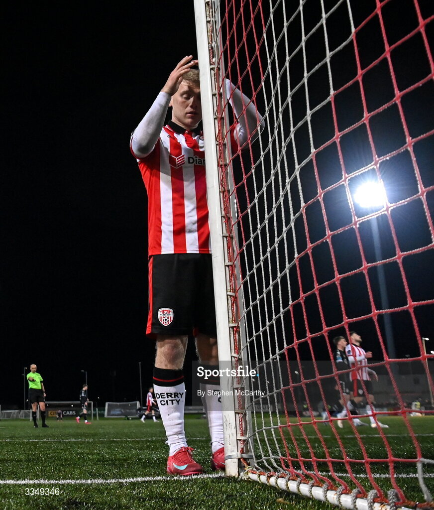 6 February 2026; Josh Thomas of Derry City reacts after a missed opportunity on goal during the SSE Airtricity Men's Premier Division match between Derry City and Sligo Rovers at The Ryan McBride Brandywell Stadium in Derry. Photo by Stephen McCarthy/Sportsfile