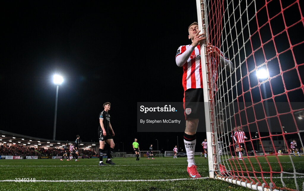6 February 2026; Josh Thomas of Derry City reacts after a missed opportunity on goal during the SSE Airtricity Men's Premier Division match between Derry City and Sligo Rovers at The Ryan McBride Brandywell Stadium in Derry. Photo by Stephen McCarthy/Sportsfile