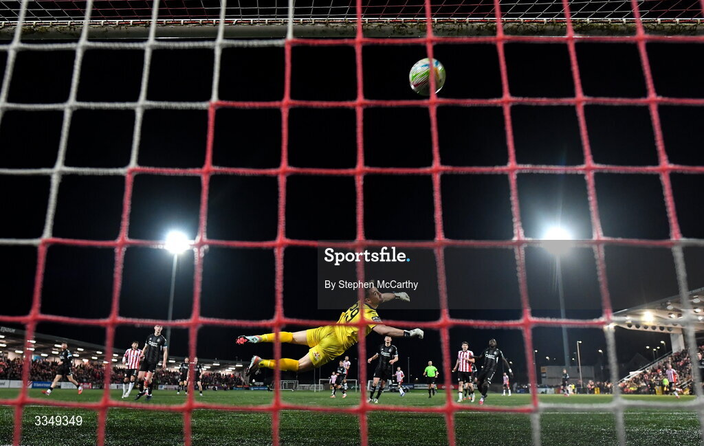 6 February 2026; Sligo Rovers goalkeeper Sam Sargeant looks on as he fails to stop Derry City's first goal, scored by Alex Bannon, hidden, during the SSE Airtricity Men's Premier Division match between Derry City and Sligo Rovers at The Ryan McBride Brandywell Stadium in Derry. Photo by Stephen McCarthy/Sportsfile