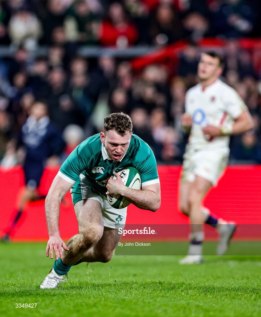 6 February 2026; Cathal Forde of Ireland XV scores his side's third try, which was subsequently disallowed for a knock on, during the representative fixture rugby union match between Ireland XV and England A at Thomond Park in Limerick. Photo by John Dickson/Sportsfile
