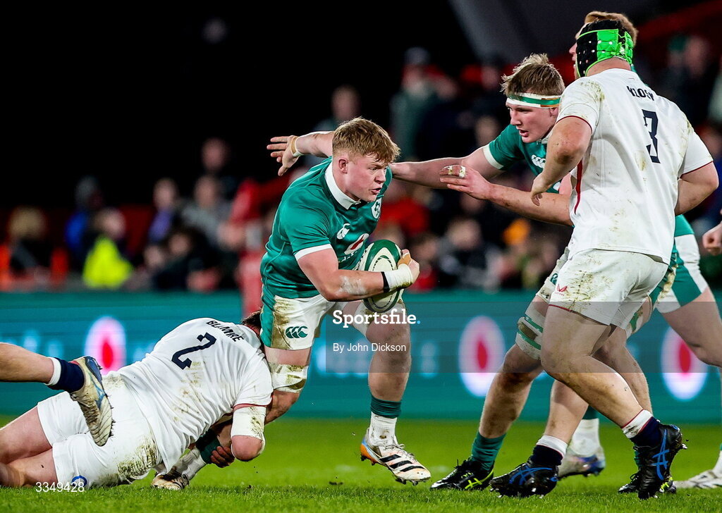 6 February 2026; Bryn Ward of Ireland is tackled by Jamie Blamire of England during the representative fixture rugby union match between Ireland XV and England A at Thomond Park in Limerick. Photo by John Dickson/Sportsfile