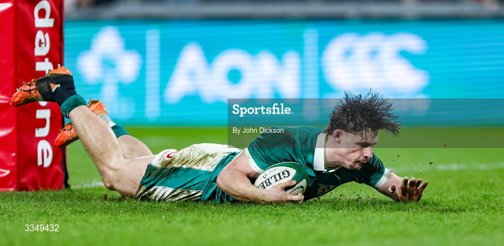 6 February 2026; Joshua Kenny scores his side's second try during the representative fixture rugby union match between Ireland XV and England A at Thomond Park in Limerick. Photo by John Dickson/Sportsfile