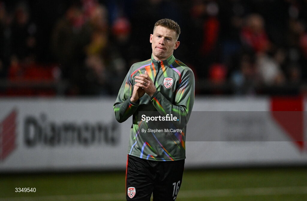 6 February 2026; James McClean of Derry City before the SSE Airtricity Men's Premier Division match between Derry City and Sligo Rovers at The Ryan McBride Brandywell Stadium in Derry. Photo by Stephen McCarthy/Sportsfile